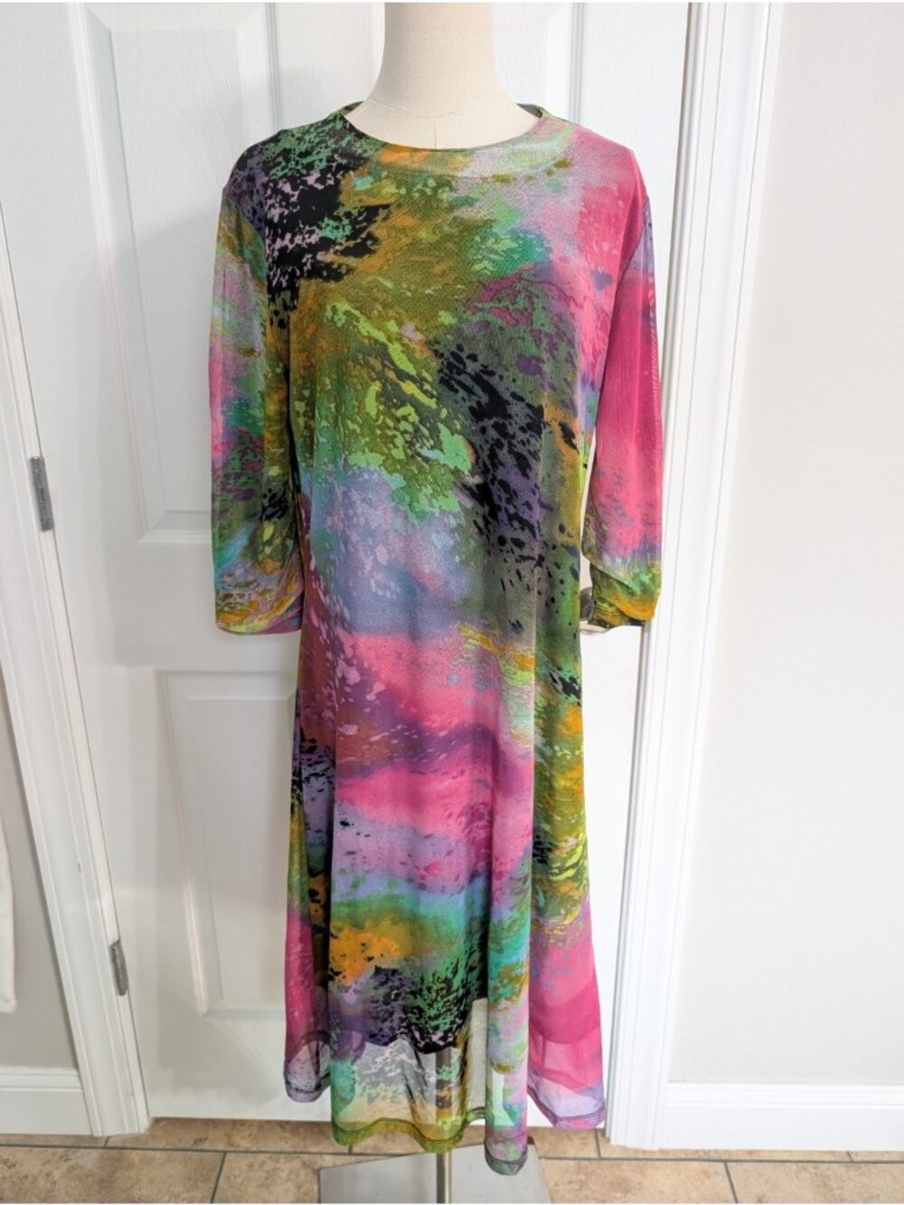 Wear & Flair Colorful Tie Dye Mesh Dress Sz L Boho Artsy 3/4 Sleeve
